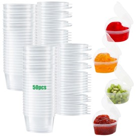 50 Sets 1.5 oz Heart Shaped Jello Shot Cups with Lids, Disposable Plastic Heart Shape Cups, Small Condiment Containers, Clear Dipping Sauce Cups for Sauce,Samples, Desserts and Crafts