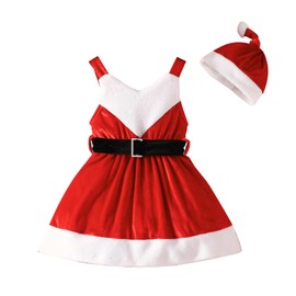 Yaopelky Toddler Girl Christmas Santaa Dress Baby Girls Velvet Suspender Skirt with Cute Hat Belted Infant Christmas Dress (US, Age, 12 Months, 18 Months, Red)