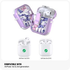 WENEW Case for AirPods 1 & 2 Case Cover Secure Lock Automatic Snap Switch Clip Cleaner Kit Lanyard Women Stylish Flower Armor Hard Shell (Butterfly, AirPods 1st & 2nd)