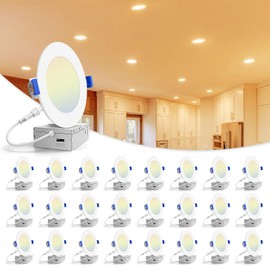 VOLISUN 24 Pack 4 inch Recessed Lighting, 5CCT LED Recessed Light with Junction Box, 2700K-5000K Selectable, 9.5W Eqv 80W, 810LM Dimmable Canless Wafer Downlight, LED Ceiling Light ETL Certificated