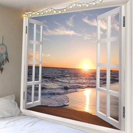 Homiest 3D Ocean Tapestry Wall Hanging Sun Sunset Sea Beach Landscape Tapestry Window Tapestries for Bedroom Living Room Home Decor 30x40 Inches