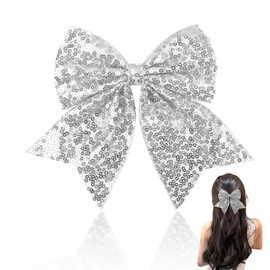 Cheer Outfits for Girls Silver Glitter Cheer Bow Clip for Cheerleaders Large Sequin Hair Bows for Women 7 Inch Hair Bowknot Clips for Girls Bowknot Hair Clip for Thick Fine Hair Accessories
