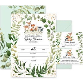 Whaline 25 Pack Woodlands Greenery Baby Shower Invitations Double-Sided Gold Foil Party Invitations with Diaper Raffle Tickets, Book Request Cards, Envelopes for Boy Girl Baby Shower Supplies