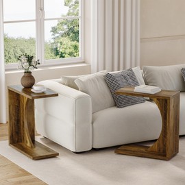 LITTLE TREE C-Shape End Table for Sofa & Bedroom - Small Side Table for Living Room, Over Couch Tray Stand for Laptop, Snacks, Books, Brown, 2 Pack