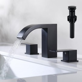 SevenGelok Black Bathroom Faucet 3 Hole Widespread Bathroom Faucet 8 Inch with Sink Pop Up Drain with Overflow Set Two Handles SUS304 Stainless Steel Vanity Faucets 8-12 Inches Matte Black, SFD2+SD-BK