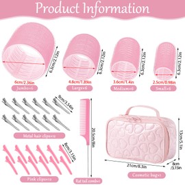 Obeoby 4 Sizes Hair Rollers with Gift Makeup Bag, Rollers Hair Curlers Self-Grip Hair Rollers with Clips, Comb, Curlers for Long, Short Hair and Bangs, Valentine's Day Gifts for Women Girls Pink
