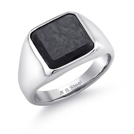 Gem Stone King Men's Stainless Steel Black Carbon Fiber Inlay Pinky Thumb Square Signet Pinky Thumb Band Ring (8MM Width, Available in Size 9, 10, 11, 12), Stainless Steel, empty