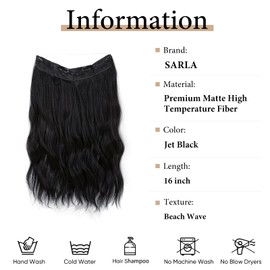 SARLA Invisible Wire Hair Extension with 3 Clips Synthetic Short Beach Wave Hairpiece Transparent Adjustable Headband for Women 16 Inch Jet Black