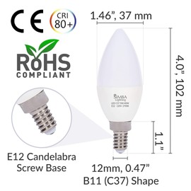 Simba Lighting LED Candelabra Light Bulbs B11 (C37) Candle Shape E12 Base (6 Pack) | Decorative 5W 40W Replacement 110V, 120V for Chandelier, Ceiling Fan, PC Cover, Non-Dimmable, Warm White 2700K