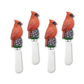 Supreme Housewares Cheese and Butter Spreader Knives Christmas Decor 4-Piece Hand Painted Resin Handle with Stainless Steel Blade Multipurpose Cheese Spreader set (Winter Cardinals)