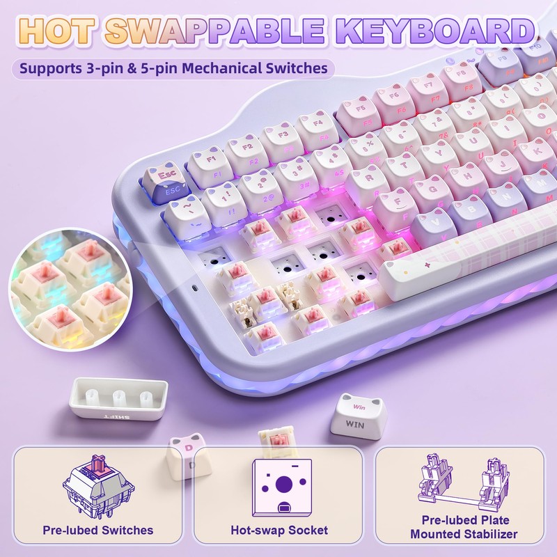 YUNZII C98 Cute Wireless Mechanical Keyboard(Purple Mao, Candy Switch)
