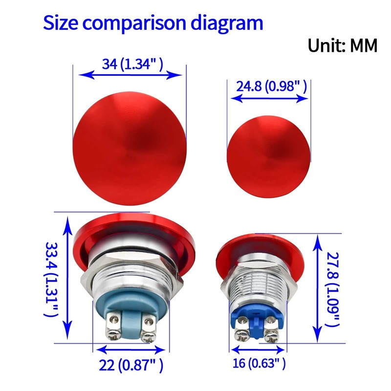 2 Pcs Mushroom Head 22mm Push Button Switch Waterproof IP66