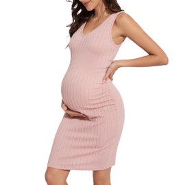 LAHILO Sleeveless V Neck Maternity Dress for Baby Shower, Boho Maternity Dress for Summer, Rib Knit Maternity Tank Dress Pink