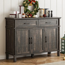 48 Inches Buffet Cabinet with Storage, Farmhouse Sideboard Buffet w/2 Drawers and 3 Doors, Wood Coffee Bar Cabinet with Adjustable Shelves, Sideboard Storage for Kitchen, Living Room, Rustic Brown