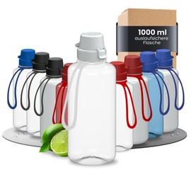 Children's 'School' Water Bottle, 1 Litre, Shatterproof Tritan Water Bottle with Strap, BPA-Free, Leak-Proof, Dishwasher Safe, Ideal for Nursery, School and Sports, Colour: Transparent/White