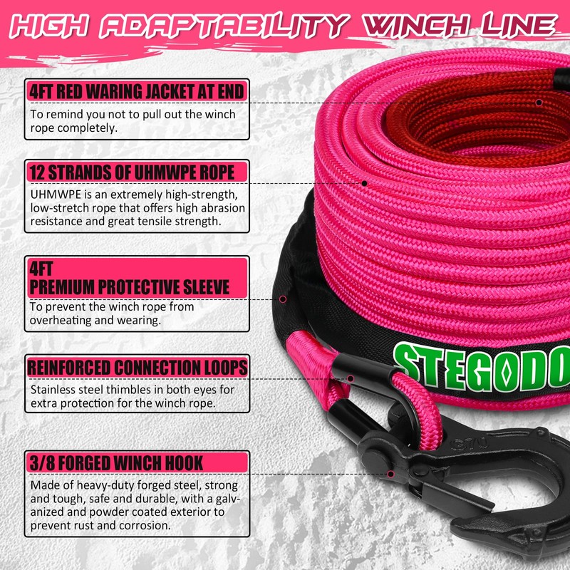 STEGODON Synthetic Winch Rope, 3/8'' x 85ft 25,000LBS Double Braided
