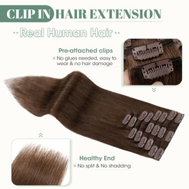 Hair Extensions Clip in Real Human Hair Medium Brown Real Remy Hair Extensions Clip in 8PCS, 20 Inch 70g, #4 Medium Brown