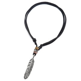 Retro Style Feather Pendant with Adjustable Black Leather Cord Unisex Necklace for Mens Womens (CA)