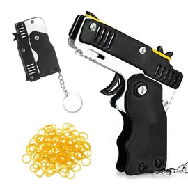 PSOWQ Foldable Rubber Band Gun Toys Pack of 2 with 120 Pieces Soft Elastic Rubber Bands Metal Foldable Rubber Launcher Gun Keyring for Teenagers Adults Shooting Game - Black