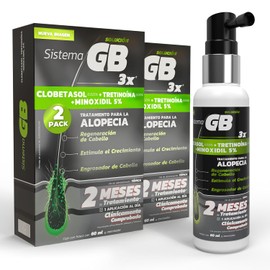 Sistema GB, Tratamiento para la alopecia, regeneración y engrosamiento del cabello, estimula el crecimiento, clínicamente comprobado, 2 meses de tratamiento, incluye minoxidil, 60 ml, 2-pack
