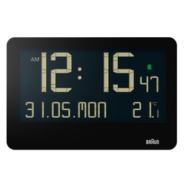 Braun Digital Wall Clock with Indoor Temperature, Date, Day of the Week, Large Reverse LCD Display, Quick Set, Beep Alarm in Black, model BC14B.