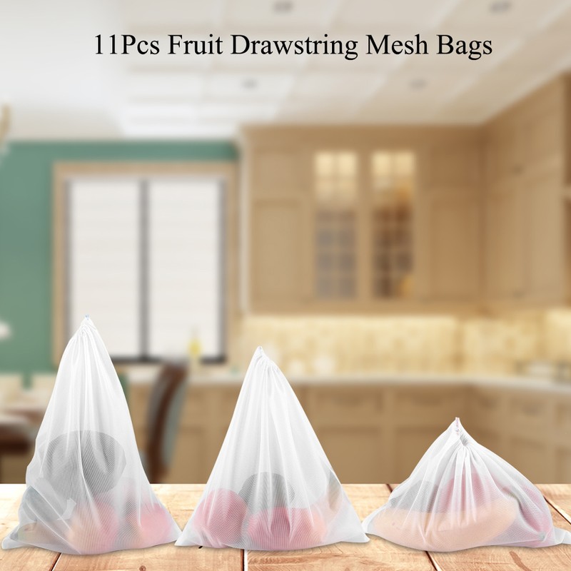 11Pcs Reusable Drawstring Mesh Bags Fruit Vegetable Sacks Storage Toys