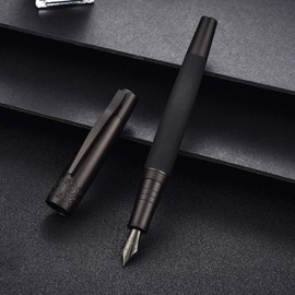 Pure Black Solid Metal Fountain Pen Extra Fine Nib, Senior General Ink Converter Pen Metal Box by Hongdian