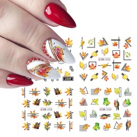 12 Sheets Autumn Maple Leaf Nail Stickers Thanksgiving Fall Leaves Water Transfer Nail Decals Holographic Colorful Maple Leaf Nail Art Sticker Decal Nail Art Design for Women Manicure Decoration