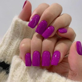 Plum Press on Nails Medium Short Square,Xcreando Glue on Nails Solid Glossy Medium Nails Full Cover Acrylic Fake Nails for Women and Girls Daily Wear 24 Pcs