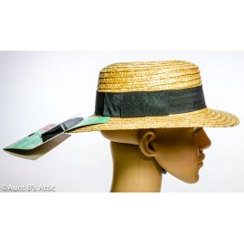 Fun World Skimmer/Boater Hat & Bow Tie Set 20's-30's Era Men's Straw Hat W/ Blk Band OS