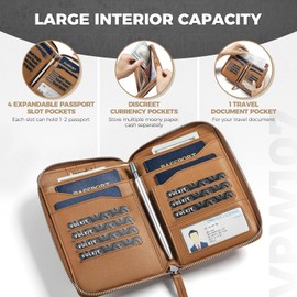 VULKIT Organizador de Viaje Familiar de Piel, Cartera para Pasaportes y Documentos con Cierre, Capacidad para 4-8 Pasaportes, Diseño Minimalista