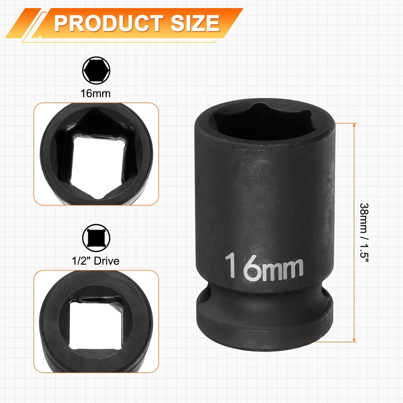 sourcing map 2pcs 6 Point Impact Socket 16mm Metric Socket