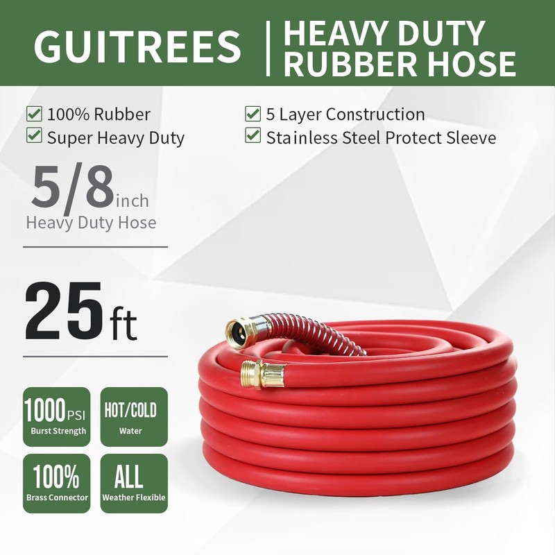 Guitrees 25FT 5/8 Heavy Duty Rubber Garden Hose - 200psi