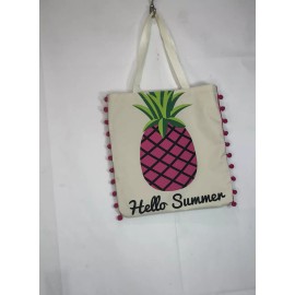 Unbranded Hello Summer Pineapple & Pom-Poms Graphic Canvas Cotton Multipurpose Tote Bag