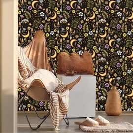 WalRiddle Black Yellow Mushroom Moon Leaf Vintage Peel and Stick Wallpaper Esay Peel Off Vintage Self Adhesive Removable Stick on Wall Paper for Kitchen Cabinet Furniture Renter Friendly