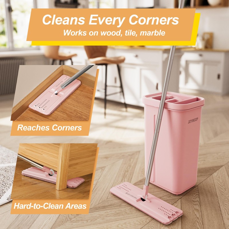 JOYMOOP Pink Mop and Bucket with Wringer Set for Home,