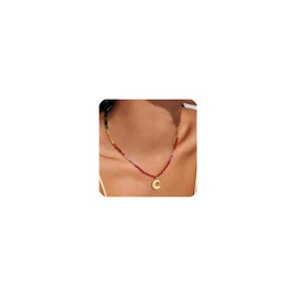 Colourful Beaded Initial Necklaces for Women Gold Plated Bubble Letter Pendant Trendy Letter Necklace Summer Beach Jewellry for Women (Letter C Necklace)