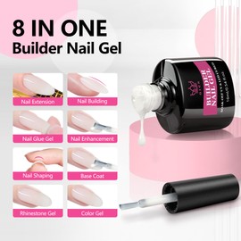 QIEK Builder Nail Gel, Milky White Builder for Nails Strengthener, 8-in-One Apex Enhancement Extension Hard Building Color Gel LED Lamp Cured Rubber Base Coat for DIY Beginners & Salon Manicure 16ML