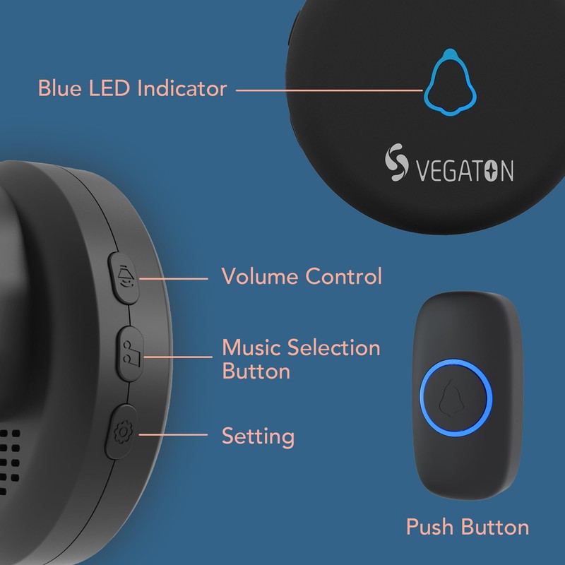 VEGATON Wireless Doorbell kits with IP55 Waterproof Level, 500ft Range,