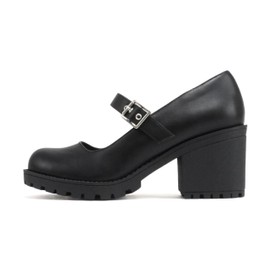 Soda “Eviana” ~ Women Mary Jane Round Toe Mid Chunky Block Heel Lug Sole Pump with Adjustable Strap (Black Pu, 7.5)