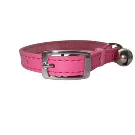 Leather cat collar, safety elastic, bell, metal buckle (Pink)