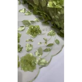 Olive Green Double Scalp Orquidia 3D Floral Design Embroider with Pearl. By Yard