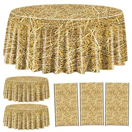 Straw Tablecloth Round 84 Inch Waterproof Farm Tablecloth Hay Stack for Farm Party Decorations Cowboy Western Theme Party Supplies 3 Pack
