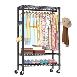 Heavy Duty Clothes Rack Rolling Garment Rack,3 Tier Adjustable Wire Shelving Clothing Racks for Hanging Clothes with Hanger Rod&Side Hooks,Freestanding Wardrobe Storage Rack Metal Portable Closet