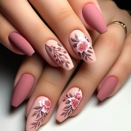 UEYRSEDB Pink Press on Nails Medium Coffin Fake Nails with Pink Flower Design Spring Summer False Nails Pink Flower Glue on Nails Floral Artificial Stick on Nails for Women Girls Manicure Accessories
