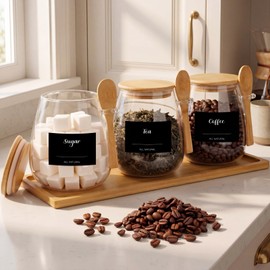 Suclain 3 Pcs Glass Coffee Container with Wooden Lid Spoon Tray Shelf Labels Clear Airtight Glass Jar Storage Container Set for Coffee Beans Tea Leaves Grains Dried Fruits Sugar Spice(28oz)