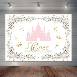Joliaco Princess Castle Birthday Backdrop Pink Floral Fairytale Castle Birthday Background for Girl Glitter Gold Once Upon A Time Party Banner Photo Booth Props (7x5ft)