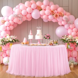Wish Care Pink Spandex Round Tablecloths Fitted 4FT Round Table, 48 Inch Tulle Round Table Cloths with Skirt, Wrinkle Free Stretch Tulle Table Cover for Wedding Birthday Baby Bridal Shower Party