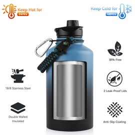 64 oz Insulated Water Bottle with Straw & Spout Lids, Stainless Steel Metal Half Gallon Water Jug with Paracord Handle, Double Wall Vacuum, Leakproof, Keep Drinks Cold & Hot, Blue Black Gradient