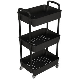 Laiensia 3-Tier Storage Carts,Multifunction Utility Rolling Cart Kitchen Storage Organizer,Mobile Shelving Unit Cart with Lockable Wheels for Bathroom,Laundry,Living Room,With Classified Sticker,Black